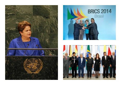 Na imagem à esquerda, Dilma discursa a respeito das revelações de espionagem e intrusão cibernética sobre o Brasil. No topo, em reunião com os presidentes dos países que compõe o Brics. Abaixo, com os membros do Mercosul.