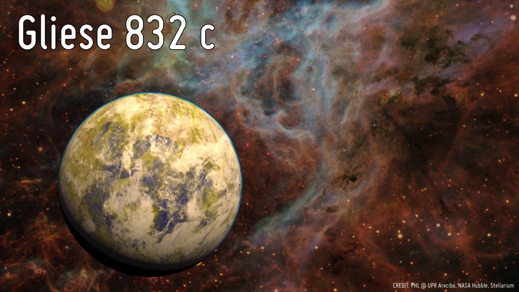 Concepção artística de Gliese 832c.  Crédito: PHL @ UPR Arecibo / NASA Hubble / Stellarium