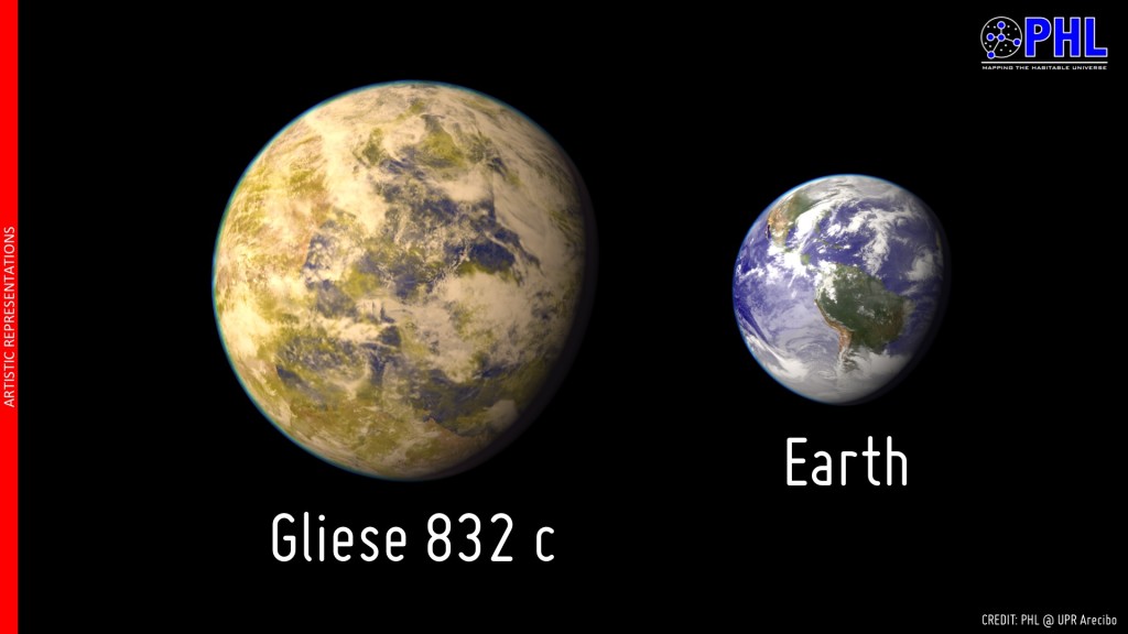 Size comparison of Gliese 832c and Earth. Gliese 832c is a rocky ?super-Earth.? Credit: PHL @ UPR Arecibo