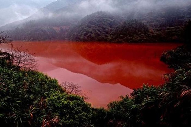 A reservoir in China that turned blood red because of pollution.